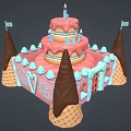 Three Tiered Birthday Cake With Pink Frosting Candles And Chocolate Decorated Ice Cream Cones