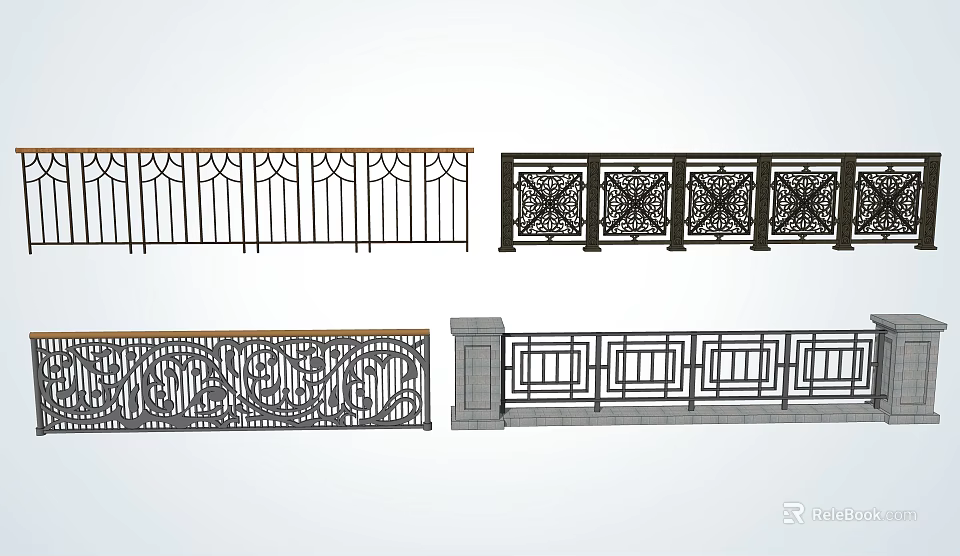 Different Styles of Decorative Railings Featuring Carved Patterns And Geometric Details 3d model 