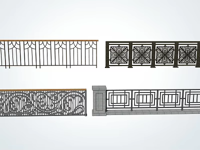 Different Styles of Decorative Railings Featuring Carved Patterns And Geometric Details 3d model