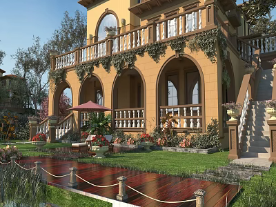 Elegant Garden Landscape With Yellow Building Arched Doors Balcony Greenery Lawn Planters And Wooden Deck 3d model