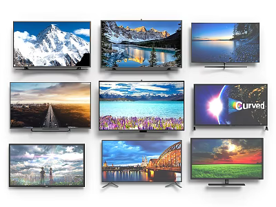 Televisions Displaying Diverse Natural Scenes Including Snowy Mountains Lake and Sunset Views 3d model