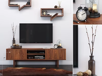Modern Living Room Decor With TV Stand Wooden Shelves Alarm Clock Vase Twigs And Rug 3d model