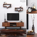 Modern Living Room Decor With TV Stand Wooden Shelves Alarm Clock Vase Twigs And Rug