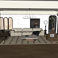 Modern Living Dining Room Interior With Beige Sofa Area Rug Pendant Light And Wooden Flooring