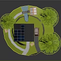Miniature Wooden House Model With Black Roof Pine Trees And Green Lawn Pathway