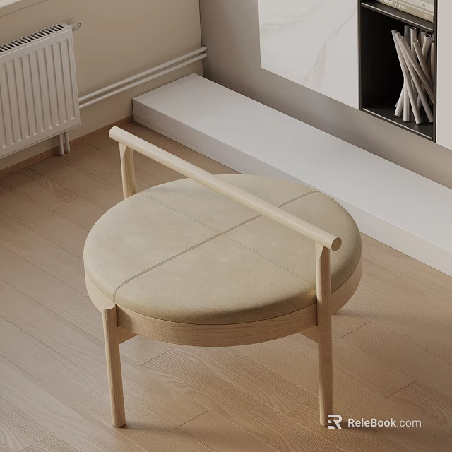 Round Beige Upholstered Side Table with Wooden Frame and Armrests in Modern Living Room Interior 3d model 