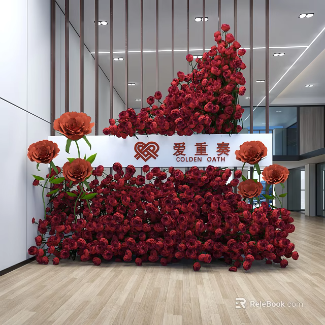 Large Red Roses Floral Wall Decor In Modern Indoor Space With Elegant Design 3d model 