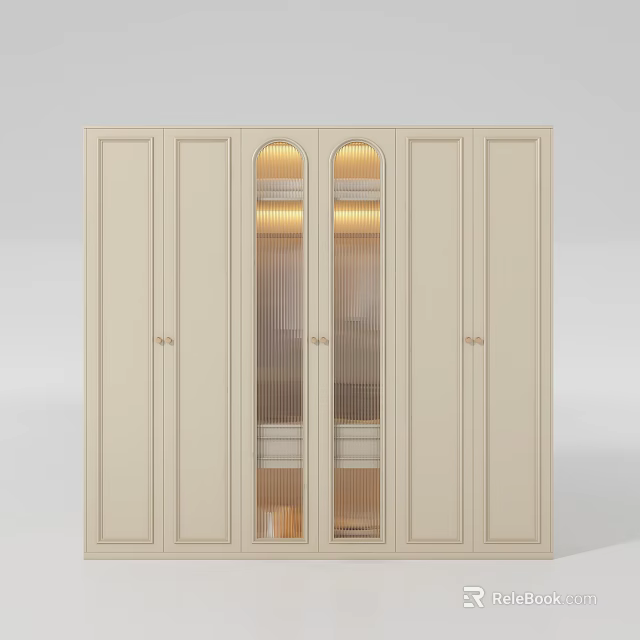 Modern Beige Wardrobe Featuring Arched Glass Doors Interior Lighting and Cabinet Doors 3d model 