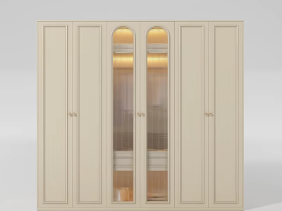 Modern Beige Wardrobe Featuring Arched Glass Doors Interior Lighting and Cabinet Doors 3d model