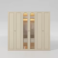 Modern Beige Wardrobe Featuring Arched Glass Doors Interior Lighting and Cabinet Doors
