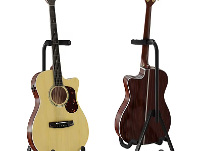 Two Acoustic Guitars in Light and Dark Wood Tones on Display Stands 3d model