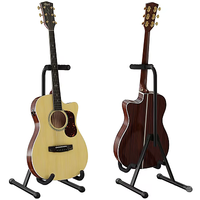 Two Acoustic Guitars in Light and Dark Wood Tones on Display Stands 3d model