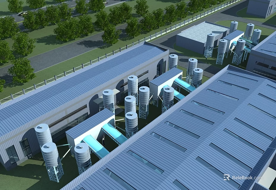 Modern Industrial Factory With Metal Roof Storage Tanks And Surrounding Greenery 3d model 