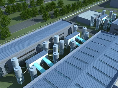 Modern Industrial Factory With Metal Roof Storage Tanks And Surrounding Greenery 3d model