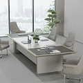 Modern Conference Table with Comfortable Chairs Notebooks Potted Plant and City View Through Large Windows