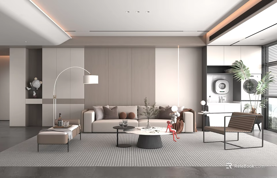 Modern Living Room Interior Design With Beige Sofa Coffee Table Floor Lamp And Area Rug 3d model 