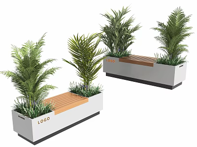 Stylish Rectangular Potted Plants With Wooden Bench And Green Palm Like Foliage 3d model