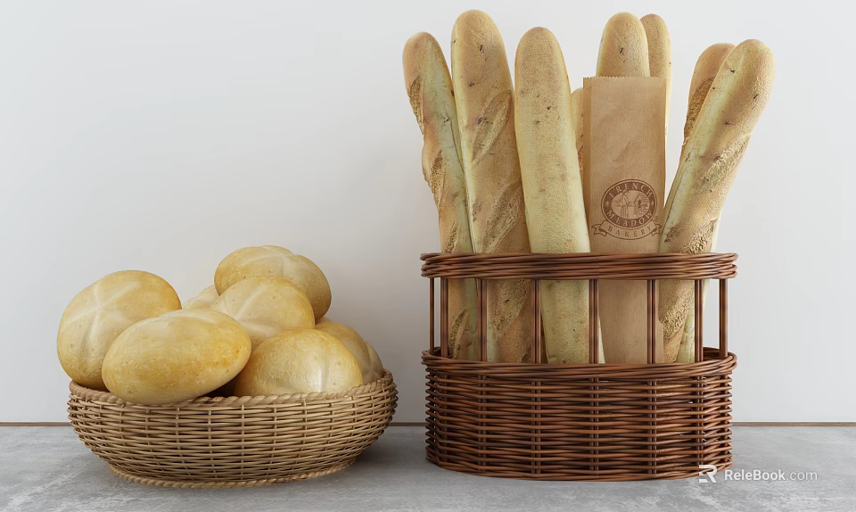 Fresh Baguettes and Round Breads in Wicker Baskets with Paper Bag 3d model 
