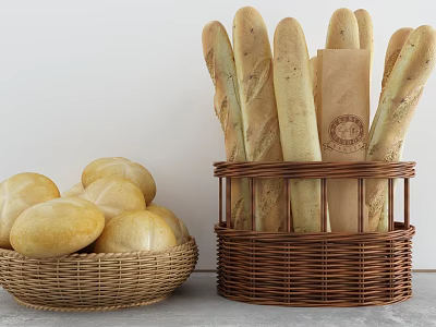 Fresh Baguettes and Round Breads in Wicker Baskets with Paper Bag 3d model