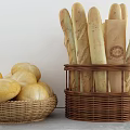 Fresh Baguettes and Round Breads in Wicker Baskets with Paper Bag