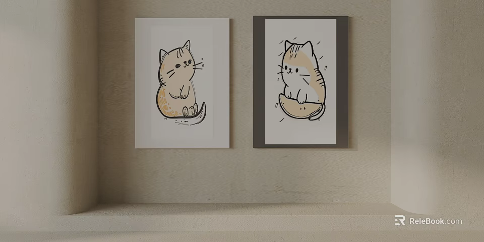Two Cute Cat Illustrations With Light And Dark Frames Hanging On Wall Decor 3d model