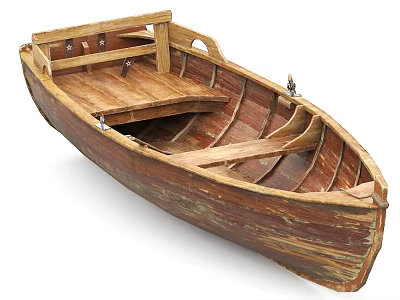 Classic Handcrafted Wooden Boat With Natural Wood Seats And Oars 3d model