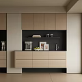 Modern Light Toned Sideboard With Drawers Cabinets Coffee Machine And Fruits