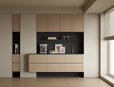 Modern Light Toned Sideboard With Drawers Cabinets Coffee Machine And Fruits 3d model