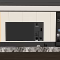 Minimalist TV Wall Design With White Cabinets Built In TV Marble Countertop Black Vertical Stripes