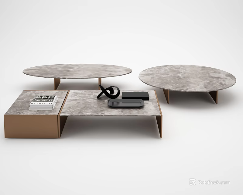 Modern Coffee Table Set With Marble Top Round And Rectangular Metal Legs Stylish Accessories 3d model