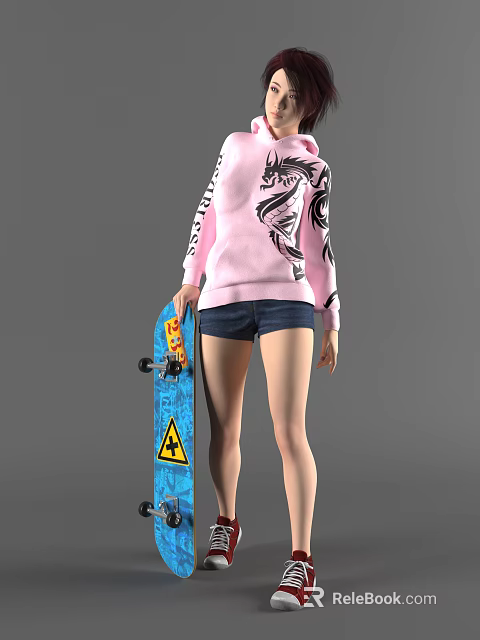 Woman in Pink Hoodie With Black Sleeves Holding Blue Skateboard And Denim Shorts 3d model 