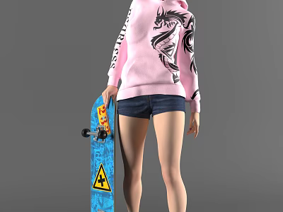Woman in Pink Hoodie With Black Sleeves Holding Blue Skateboard And Denim Shorts 3d model