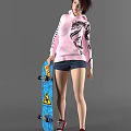 Woman in Pink Hoodie With Black Sleeves Holding Blue Skateboard And Denim Shorts