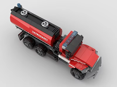 Red Building Block Oil Tank Truck Model Detailed Toy Vehicle With Black Tank And Wheels 3d model