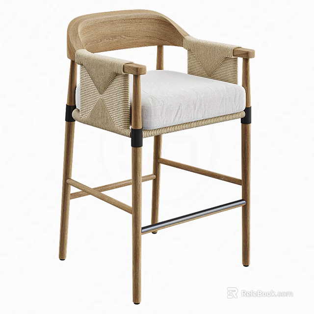 Wooden Frame Bar Stool With Woven Rattan Armrests And White Cushioned Seat 3d model 