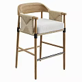 Wooden Frame Bar Stool With Woven Rattan Armrests And White Cushioned Seat
