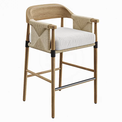 Wooden Frame Bar Stool With Woven Rattan Armrests And White Cushioned Seat 3d model