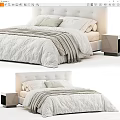 Elegant Double Bed With White Bedding Striped Quilt Pillows And Modern Nightstand 3d model