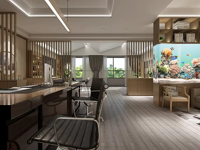 Modern Office Interior With Wooden Desks Leather Chairs Large Windows Bookshelves And Fish Tank 3d model