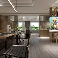 Modern Office Interior With Wooden Desks Leather Chairs Large Windows Bookshelves And Fish Tank