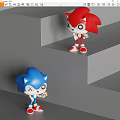 Cute Red and Blue Cartoon Character Sculptures Standing on Gray Steps Design