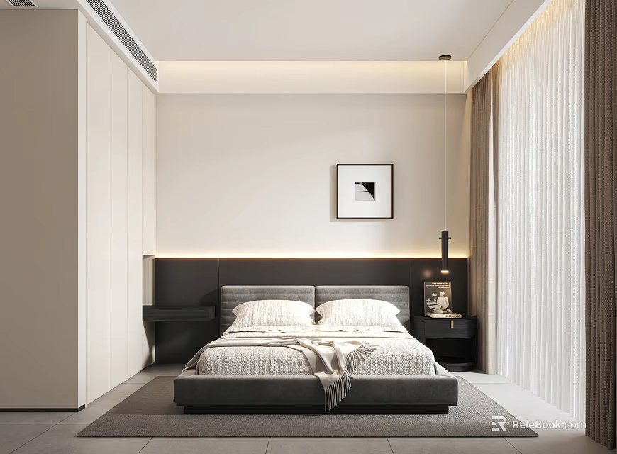 Modern Bedroom Interior Design With Dark Headboard Double Bed White Bedding And Wall Art 3d model 
