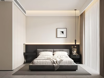 Modern Bedroom Interior Design With Dark Headboard Double Bed White Bedding And Wall Art 3d model