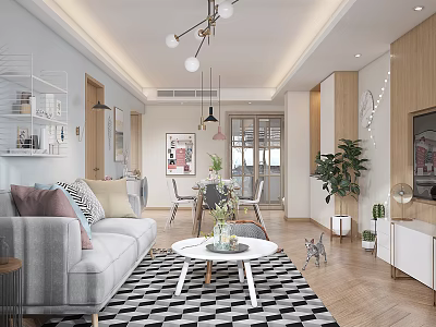 Modern Living and Dining Room Interior with Sofa Coffee Table Dining Set and Plants 3d model