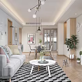 Modern Living and Dining Room Interior with Sofa Coffee Table Dining Set and Plants
