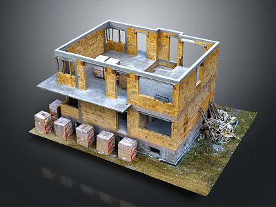 Two Storey Brick Building Under Construction With Material Stacks On Grassy Ground 3d model