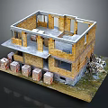 Two Storey Brick Building Under Construction With Material Stacks On Grassy Ground