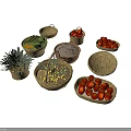 Colorful Fresh Assorted Fruits and Vegetables in Woven Baskets on White Surface