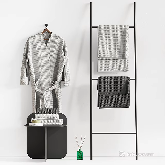 Bathroom Cabinet Rack Featuring Hanging Bathrobe Stacked Towels And Black Storage Stand 3d model 