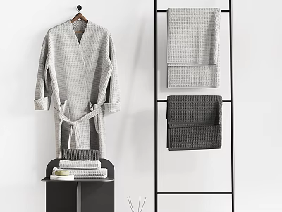 Bathroom Cabinet Rack Featuring Hanging Bathrobe Stacked Towels And Black Storage Stand 3d model